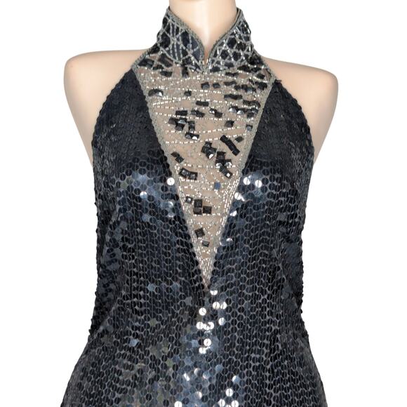 Vintage Y2K Sheer Backless Halter Dress 8P Bead Glam Cocktail Whimsigoth Grunge - Picture 3 of 8